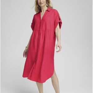 Chico's 100% Linen Roll Tab Sleeve Dolman Midi Dress Red Shirt Dress Women's 8